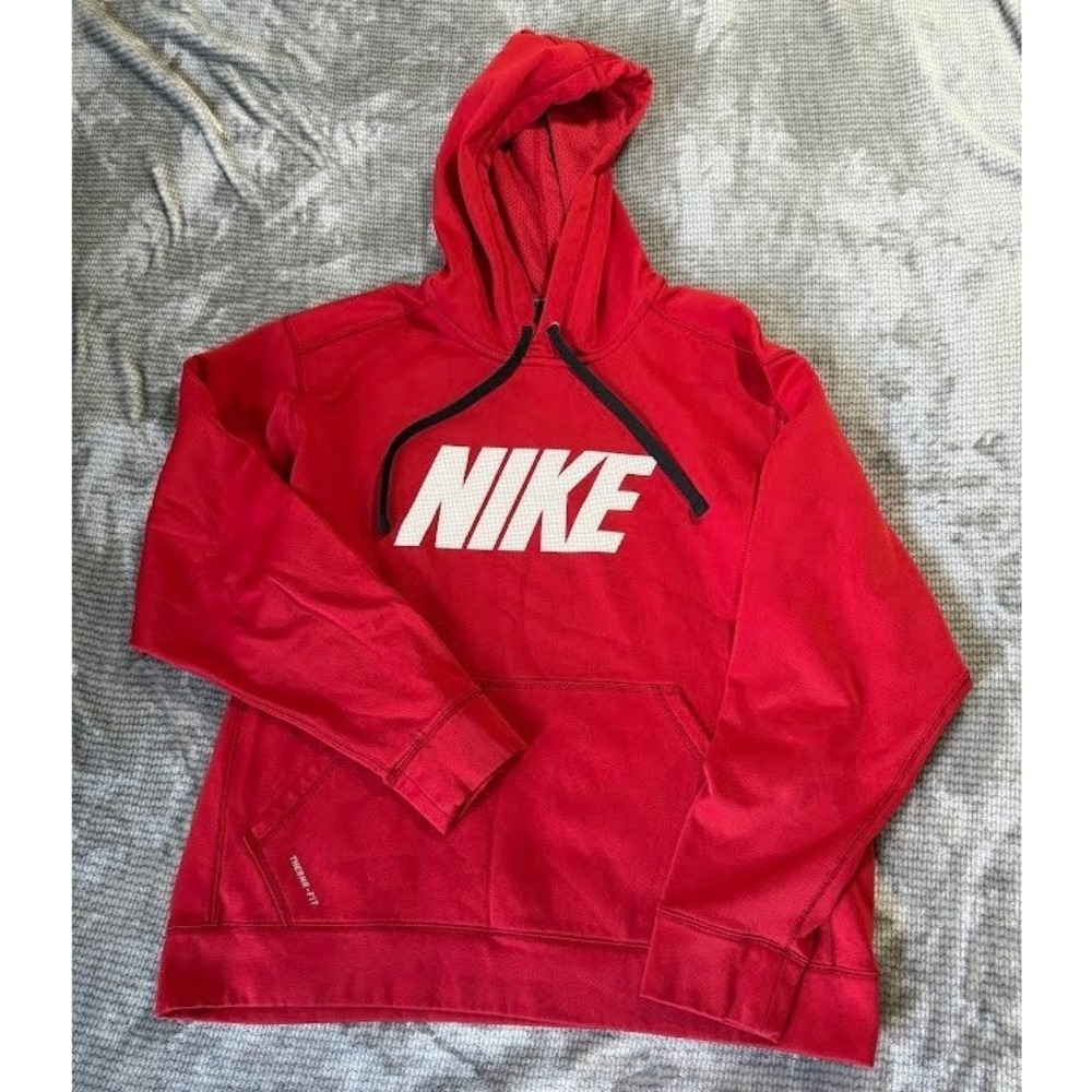 Nike Therma-FIT Hoodie Mens Large Red W/ White Block Logo Pullover Sweatshirt